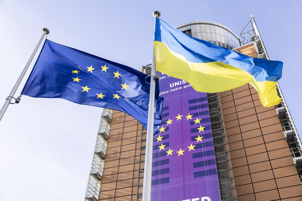 European and Ukrainian flags raised in front of the Berlaymont building to commemorate the 3rd year of the Russian invasion of Ukraine